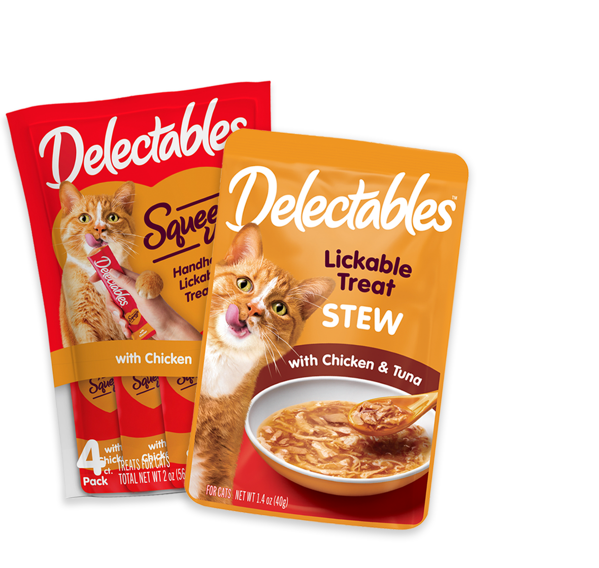 Delectables Squeeze up and Lickable treats for cats.