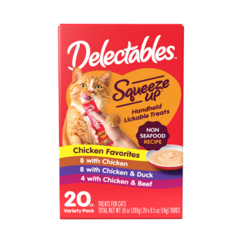 Delectables Squeeze Up wet cat treat. Hartz SKU# 3270013036. Front of package.