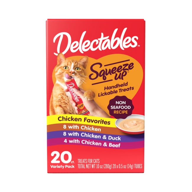 Delectables Squeeze Up wet cat treat. Hartz SKU# 3270013036. Front of package.