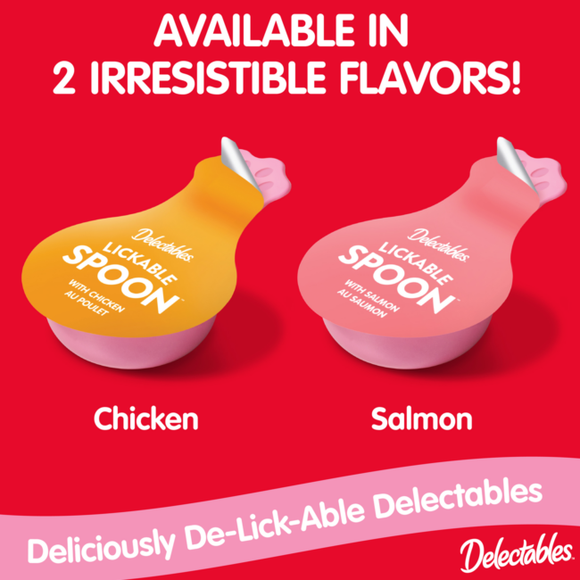 Delectables lickable spoon comes in 2 irresistible flavors. Chicken & salmon cat treat flavors.
